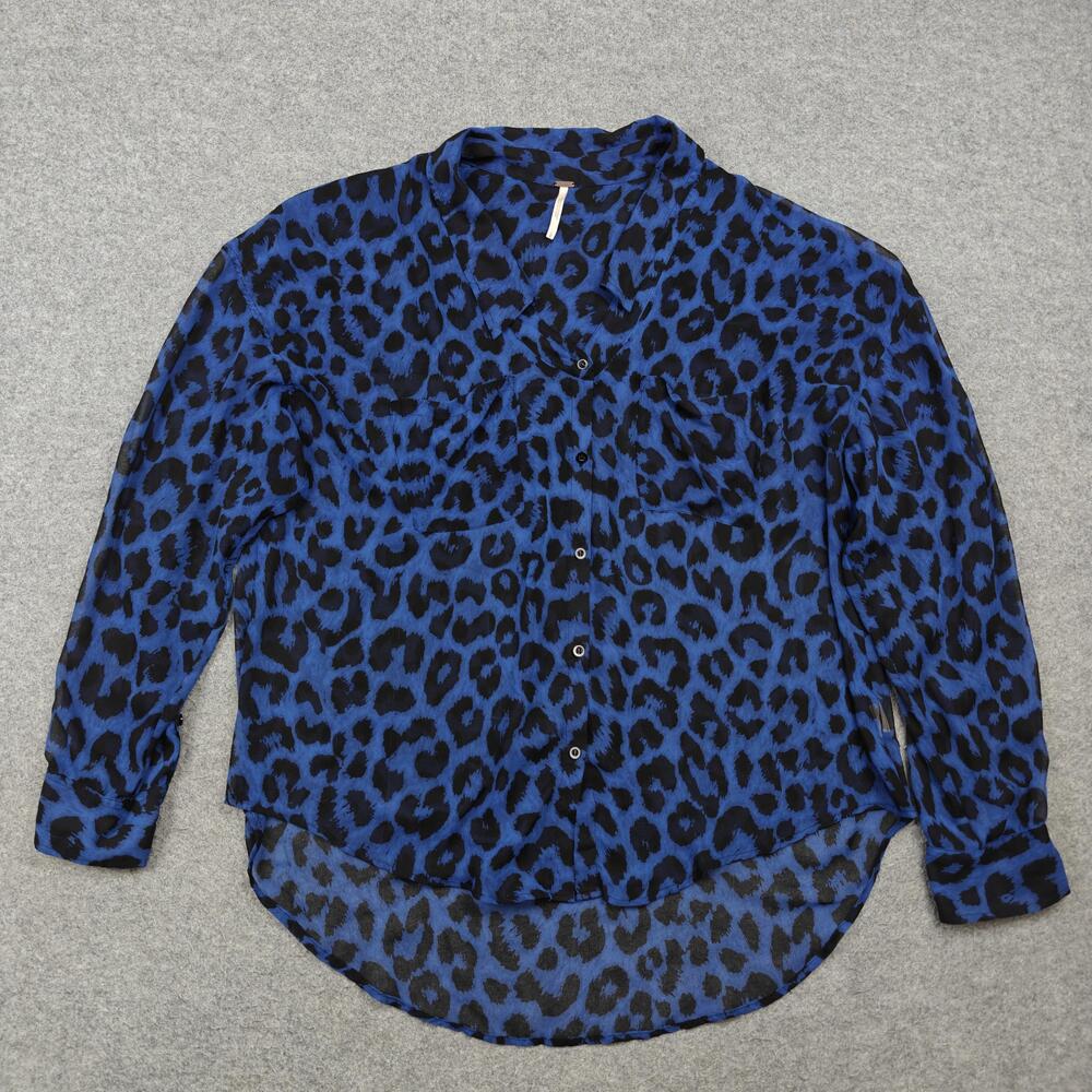 Free People Button-Up Womens Large Blue Animal Print Sheer Chiffon Top